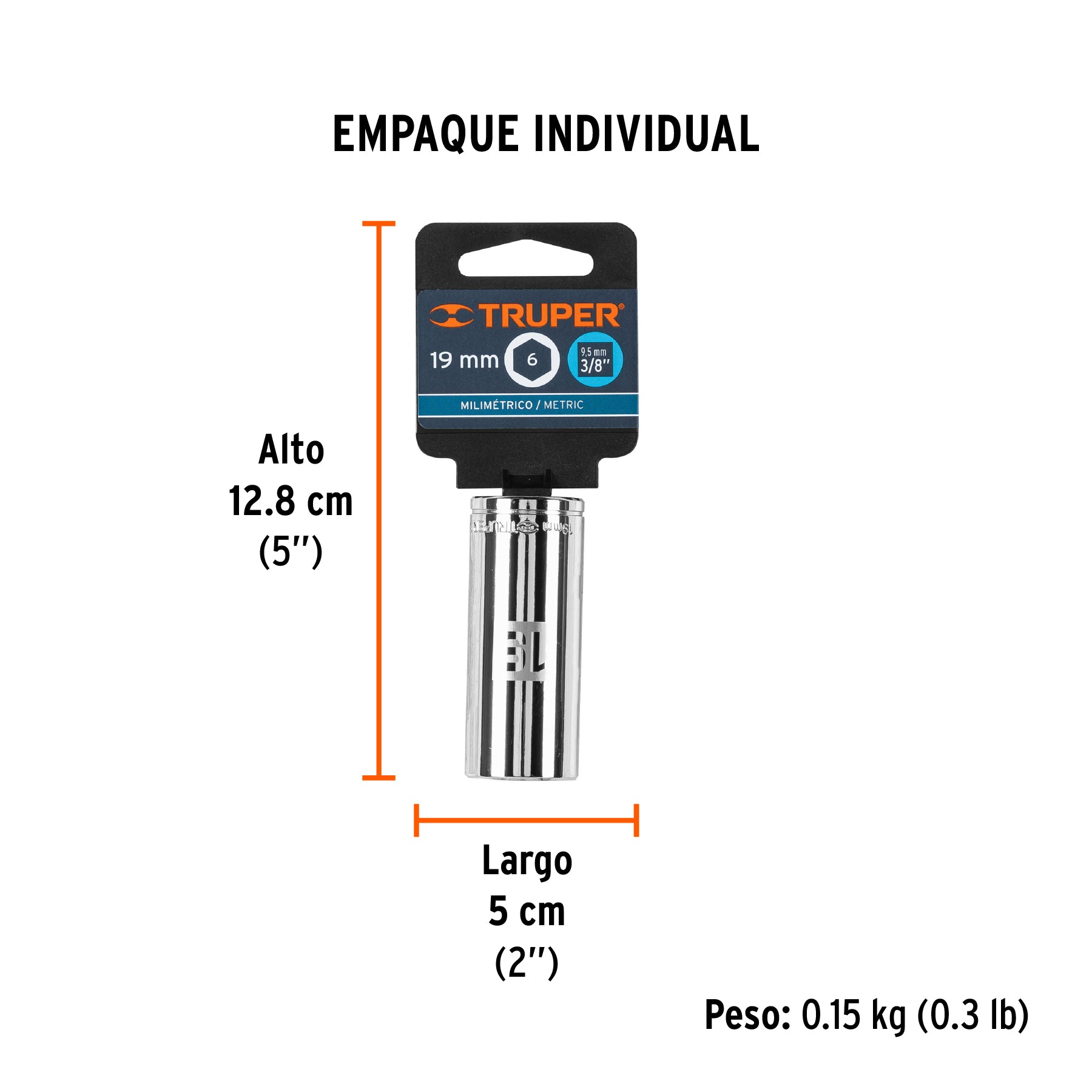Dado de 6 puntas, largo, cuadro 3/8" de 19mm