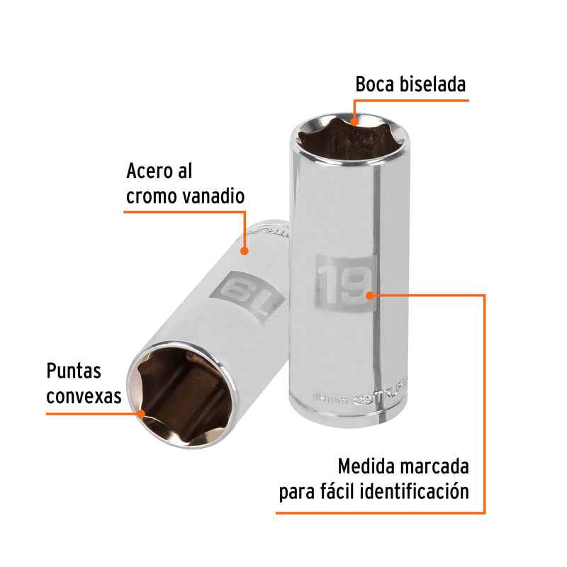 Dado de 6 puntas, largo, cuadro 3/8" de 19mm