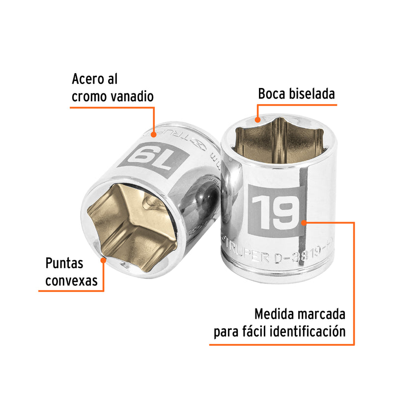 Dado de 6 puntas, cuadro 3/8", de 19mm