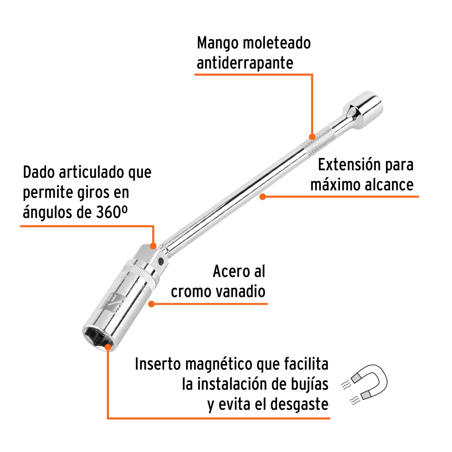 Dado p/bujías 5/8" articulado con extensión 10", cuadro 3/8"