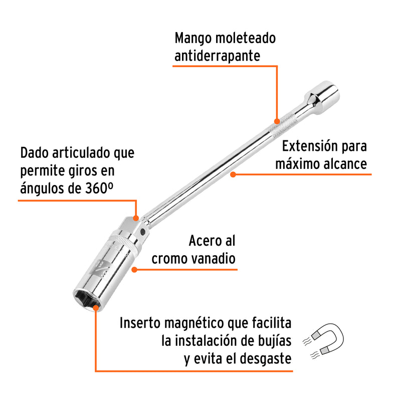 Dado p/bujías 5/8" articulado con extensión 10", cuadro 3/8"