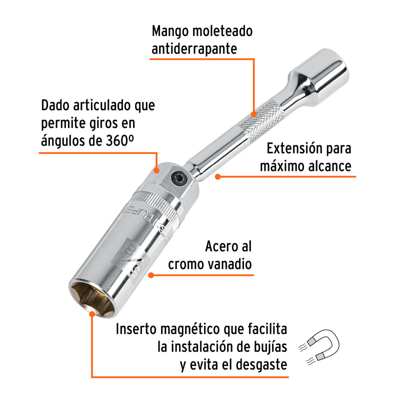Dado p/bujías 5/8" articulado con extensión 6", cuadro 3/8"