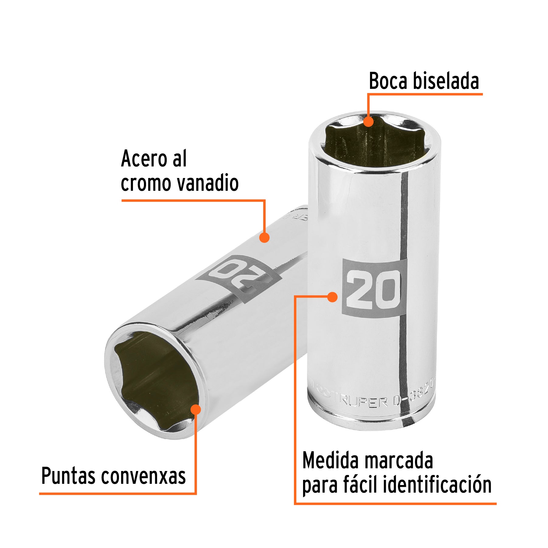 Dado largo de 20 mm, 6 puntas, cuadro 3/8', Truper