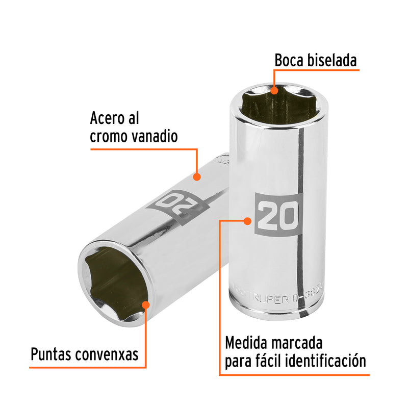 Dado largo de 20 mm, 6 puntas, cuadro 3/8', Truper