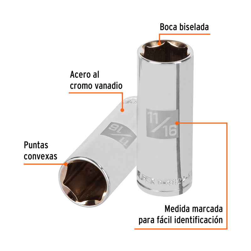 Dado de 6 puntas, largo, cuadro 3/8" de 11/16"