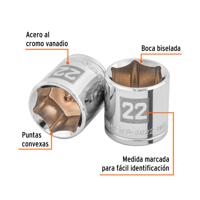 Dado de 6 puntas, cuadro 3/8", de 22mm