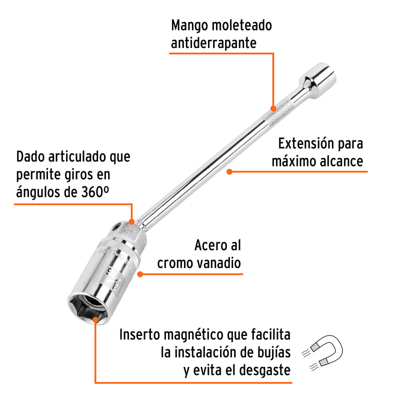 Dado bujías 13/16" articulado con extensión 10", cuadro 3/8"