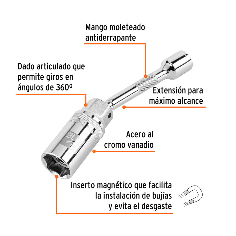 Dado bujías 13/16" articulado con extensión 6", cuadro 3/8"