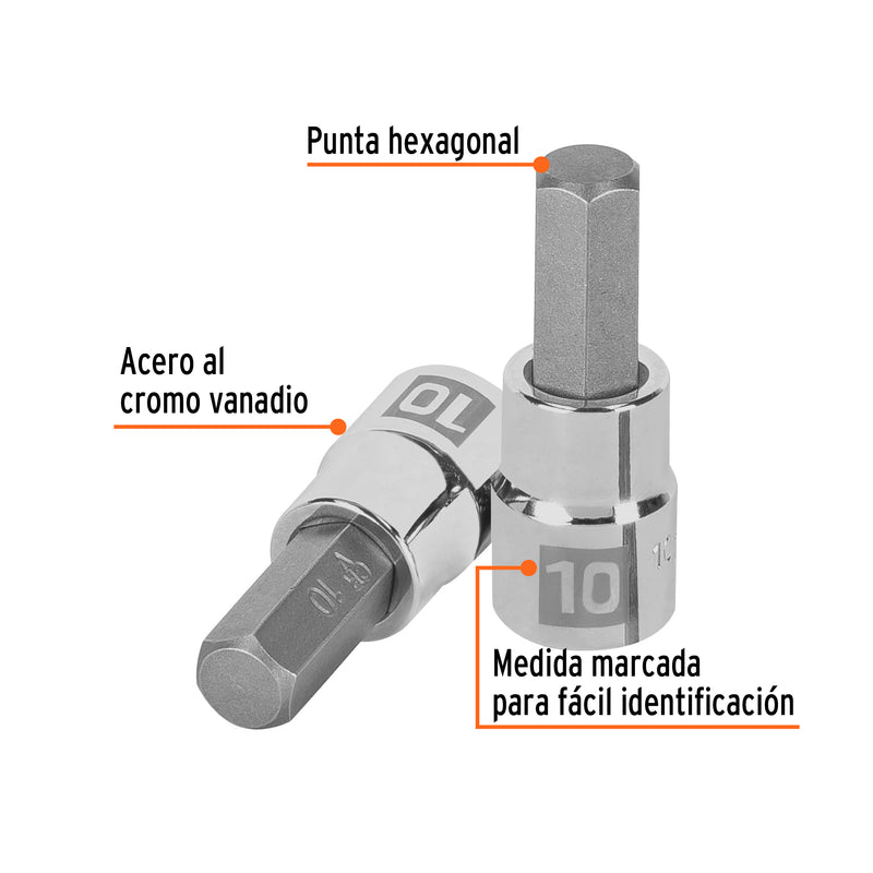 Dados de punta hexagonal, cuadro 3/8" de 10mm.
