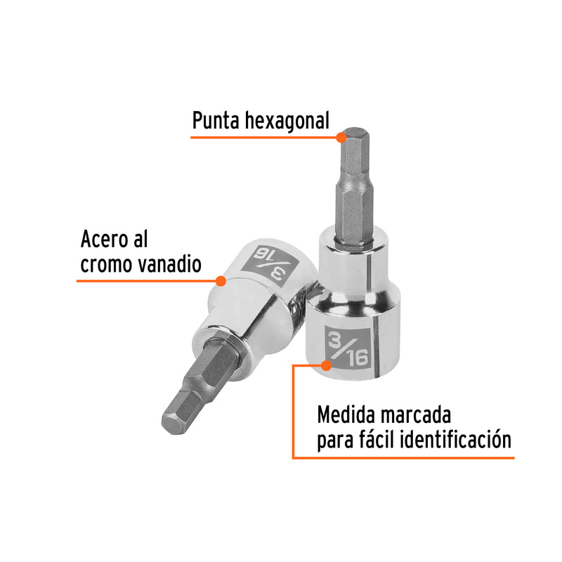 Dados de punta hexagonal, cuadro 3/8" de 3/16"