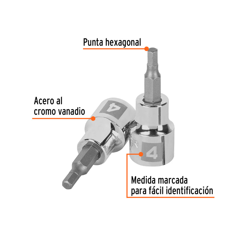 Dados de punta hexagonal, cuadro 3/8" de 4mm.