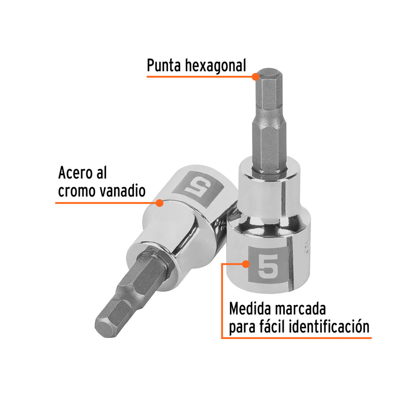Dados de punta hexagonal, cuadro 3/8" de 5mm.
