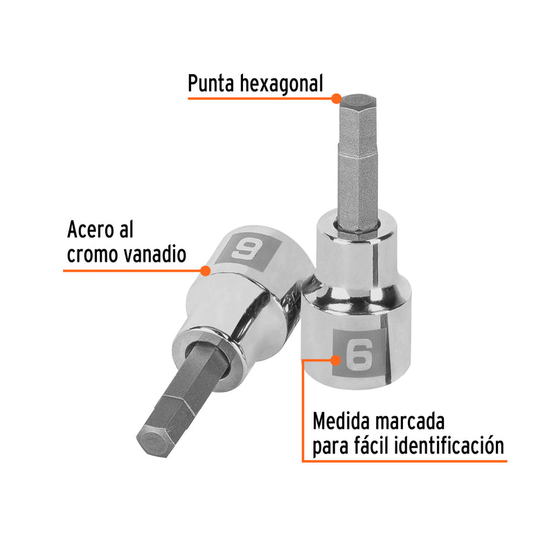 Dados de punta hexagonal, cuadro 3/8" de 6mm.