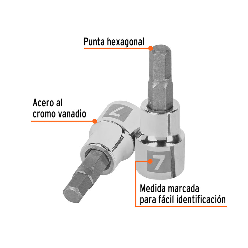 Dados de punta hexagonal, cuadro 3/8" de 7mm.