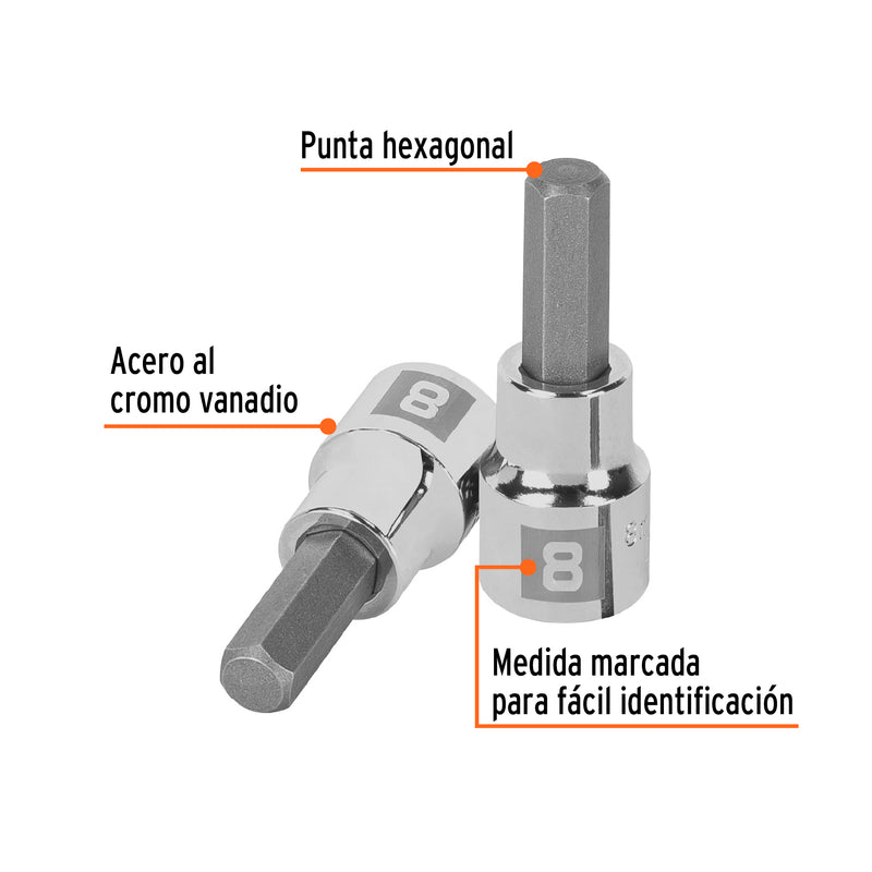 Dados de punta hexagonal, cuadro 3/8" de 8mm.