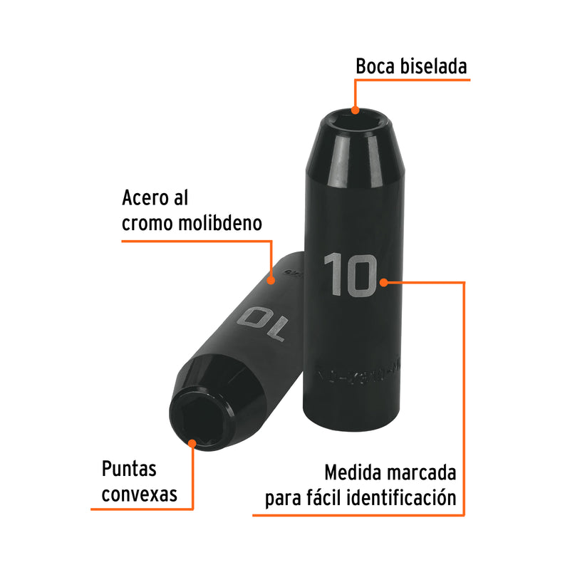 Dado de de impacto, largo, 6 puntas, cuadro 1/2" de 10mm