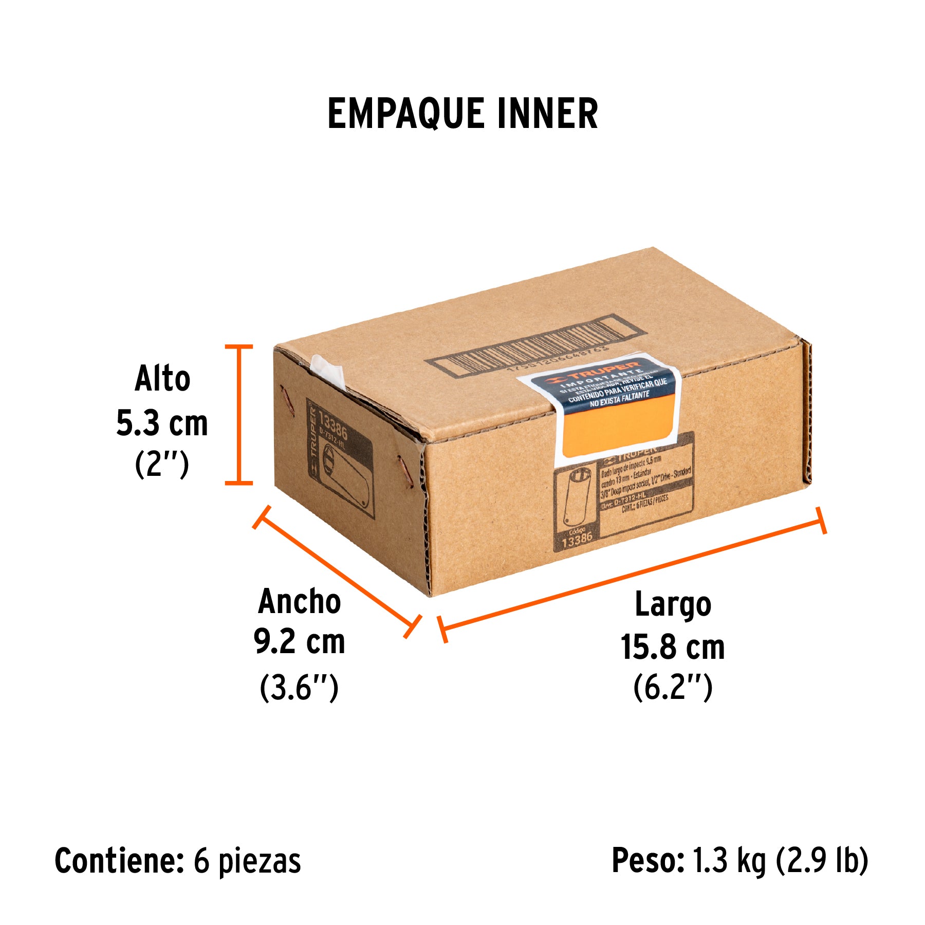 Dado de de impacto, largo, 6 puntas, cuadro 1/2" de 3/8"