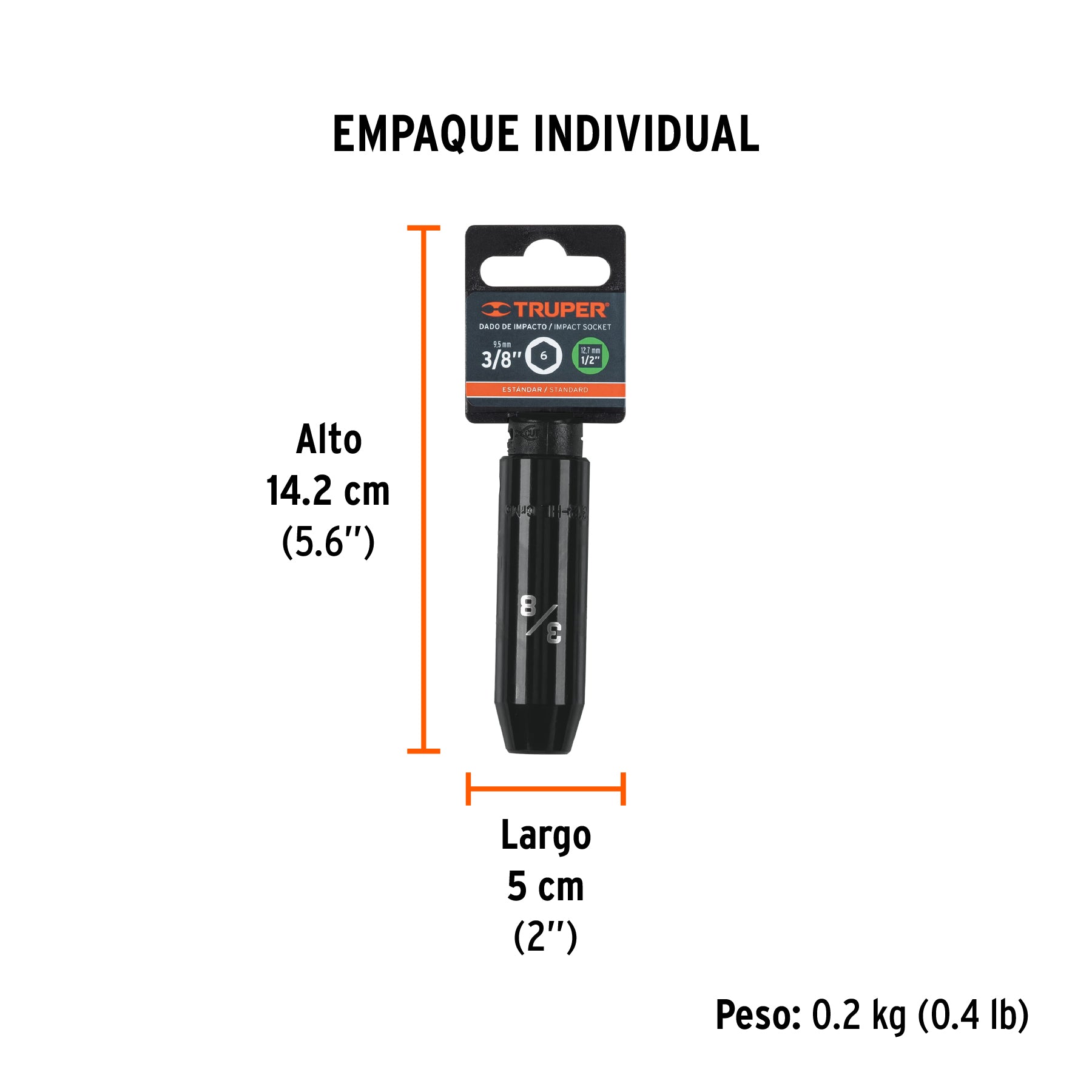Dado de de impacto, largo, 6 puntas, cuadro 1/2" de 3/8"