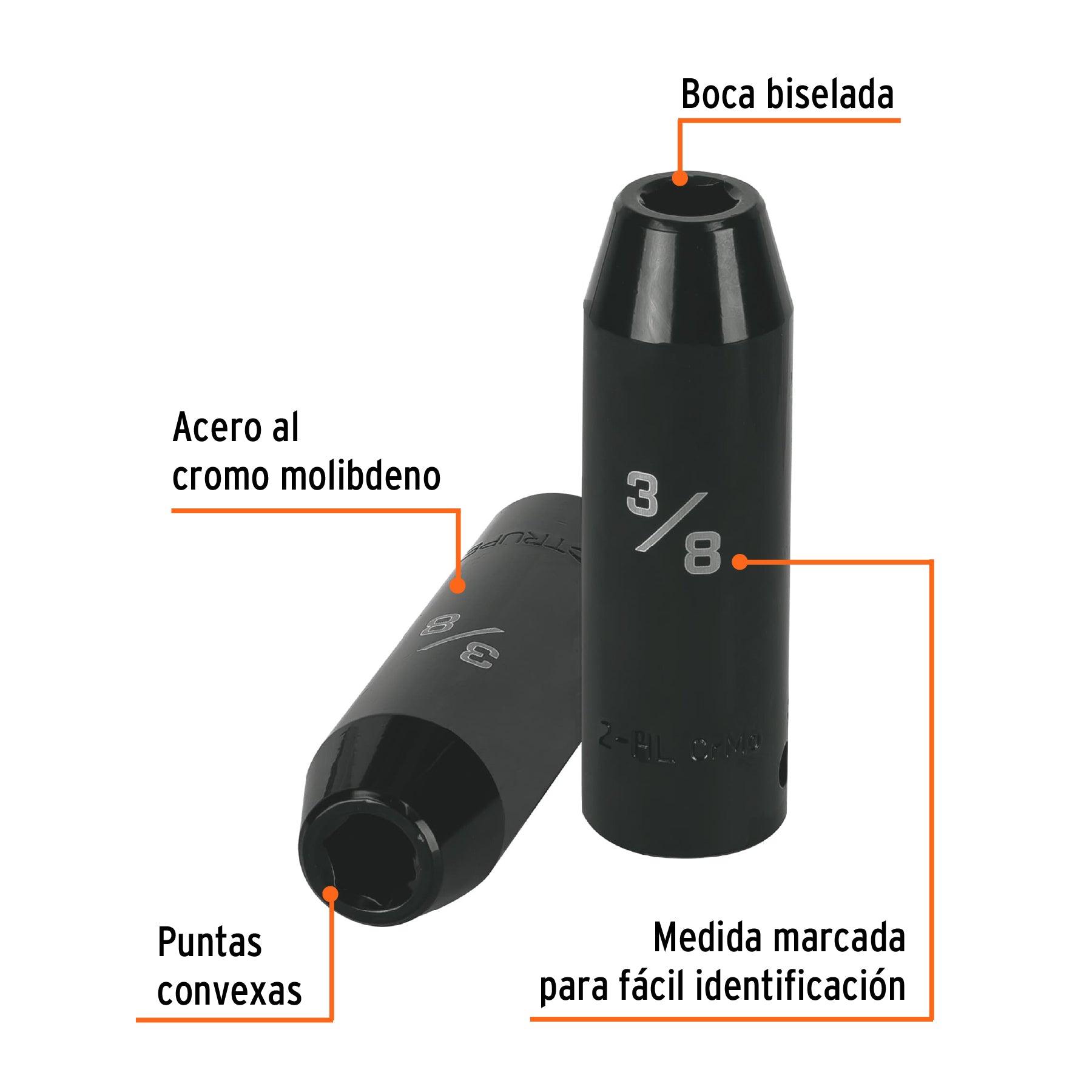 Dado de de impacto, largo, 6 puntas, cuadro 1/2" de 3/8"