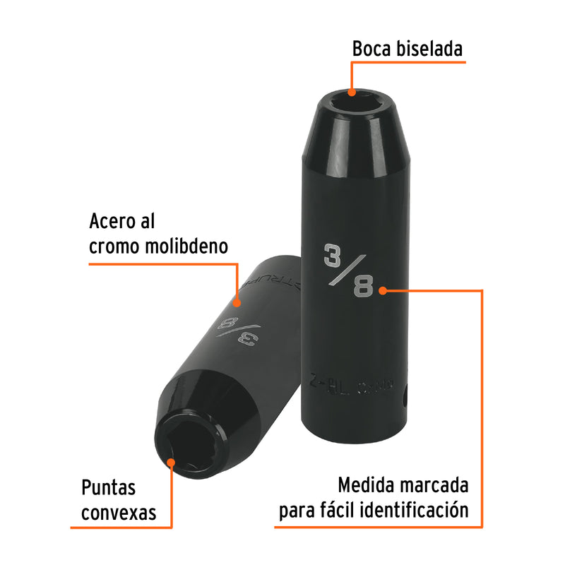 Dado de de impacto, largo, 6 puntas, cuadro 1/2" de 3/8"