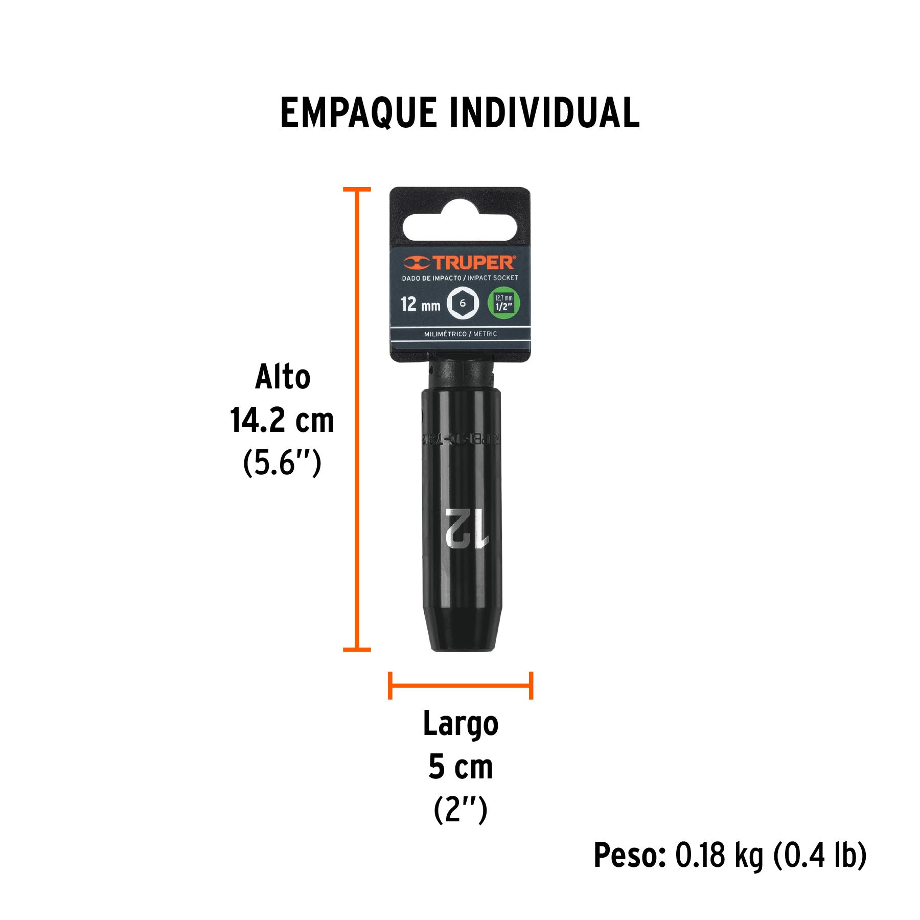 Dado de impacto, largo, 6 puntas, cuadro 1/2" de 12mm