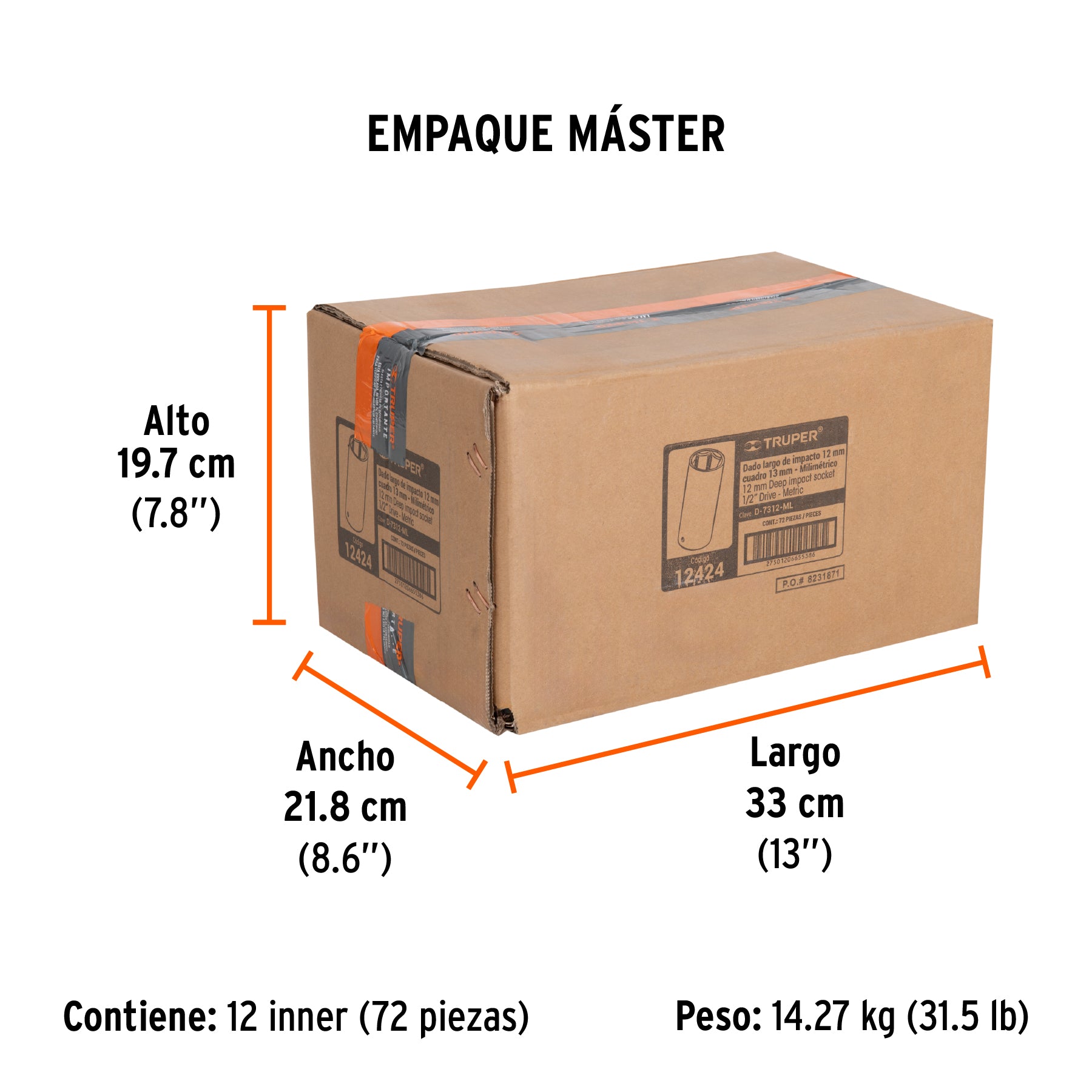 Dado de impacto, largo, 6 puntas, cuadro 1/2" de 12mm
