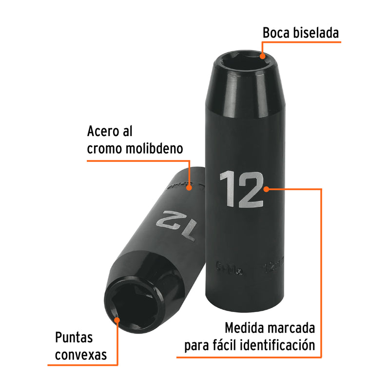 Dado de impacto, largo, 6 puntas, cuadro 1/2" de 12mm