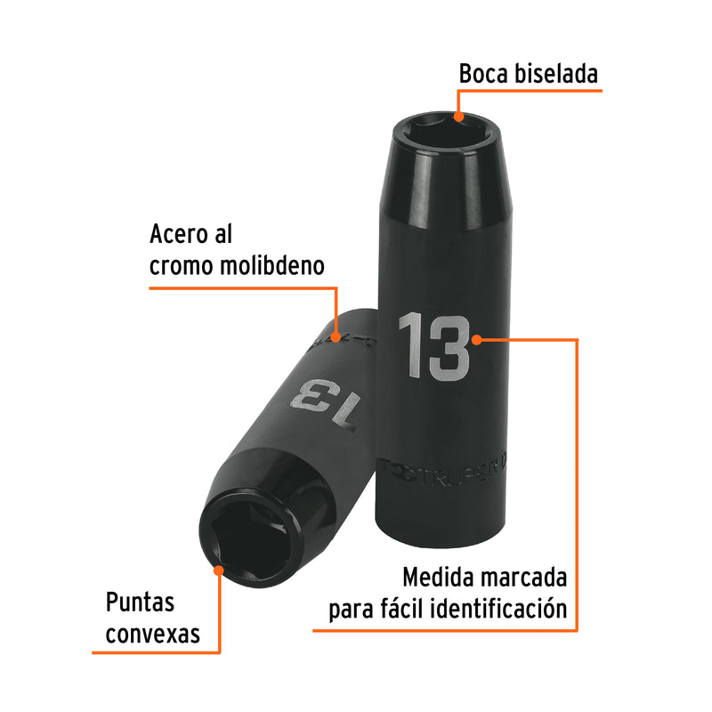 Dado de impacto, largo, 6 puntas, cuadro 1/2" de 13mm