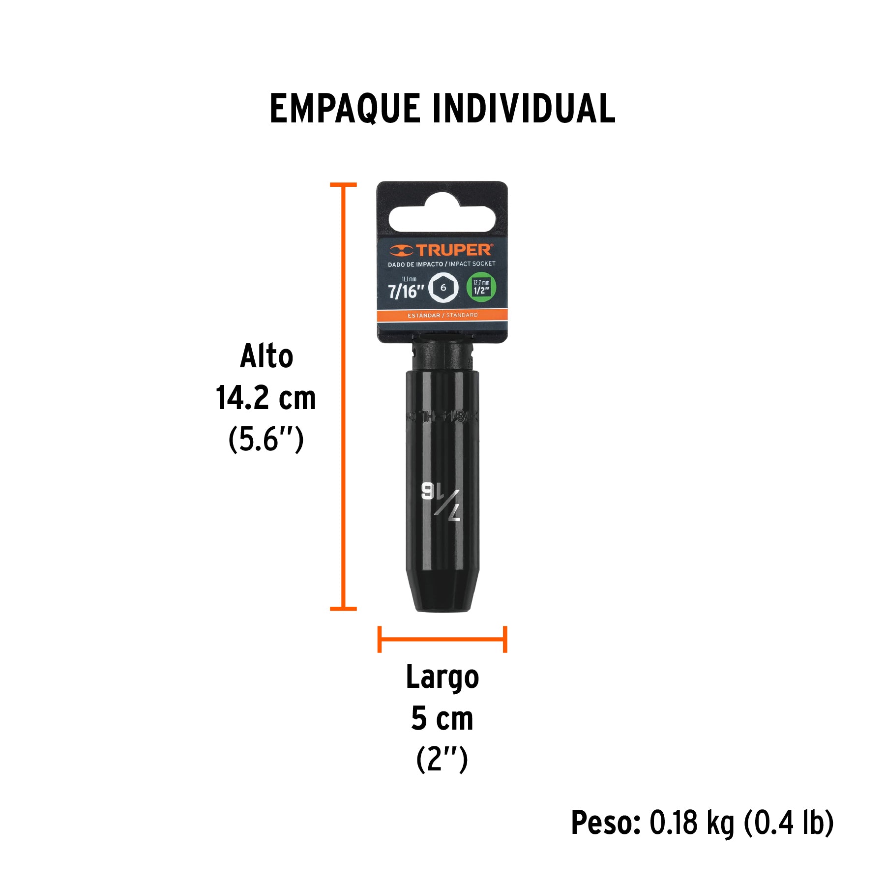 Dado de de impacto, largo, 6 puntas, cuadro 1/2" de 7/16"