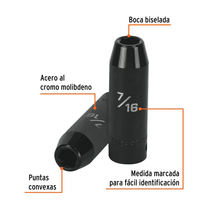 Dado de de impacto, largo, 6 puntas, cuadro 1/2" de 7/16"