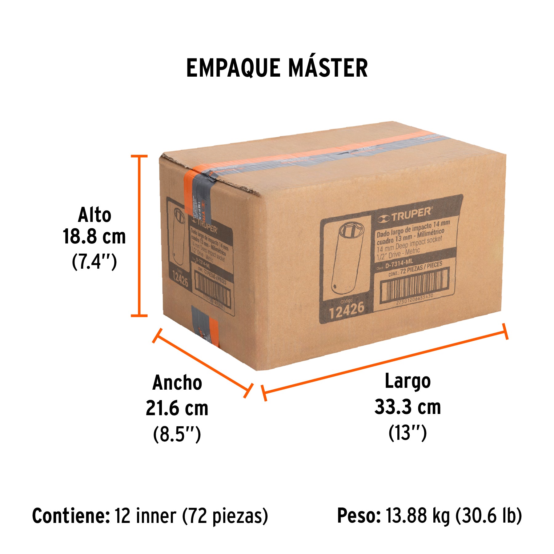 Dado de impacto, largo, 6 puntas, cuadro 1/2" de 14mm