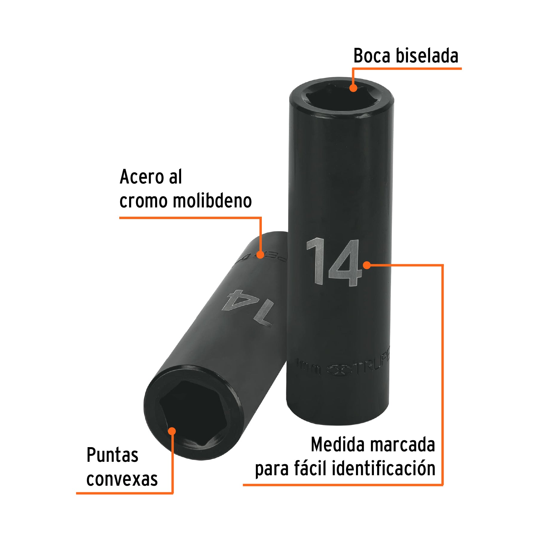 Dado de impacto, largo, 6 puntas, cuadro 1/2" de 14mm