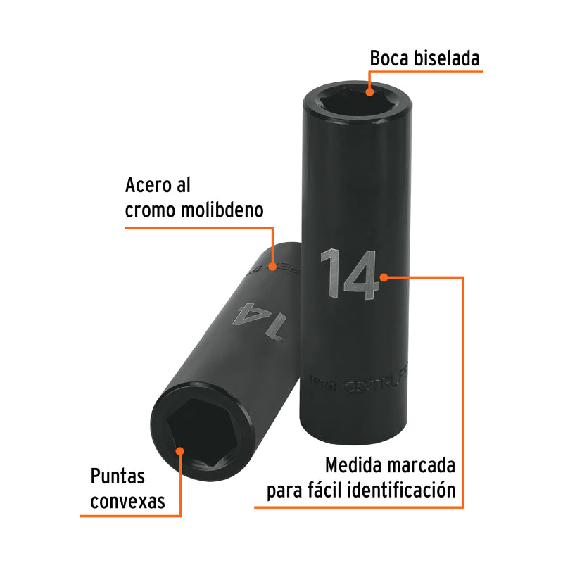 Dado de impacto, largo, 6 puntas, cuadro 1/2" de 14mm