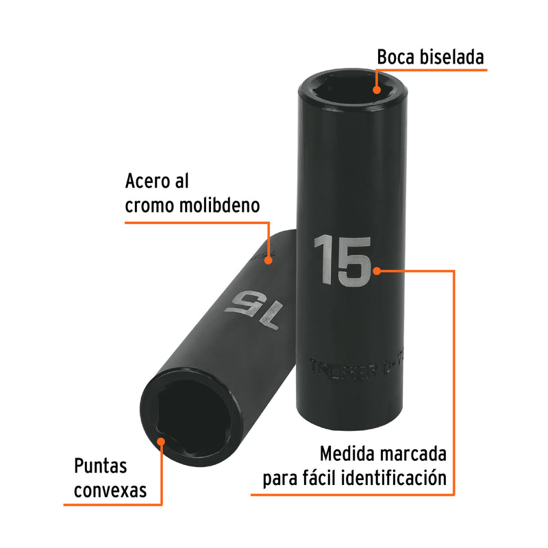 Dado de impacto, largo, 6 puntas, cuadro 1/2" de 15mm