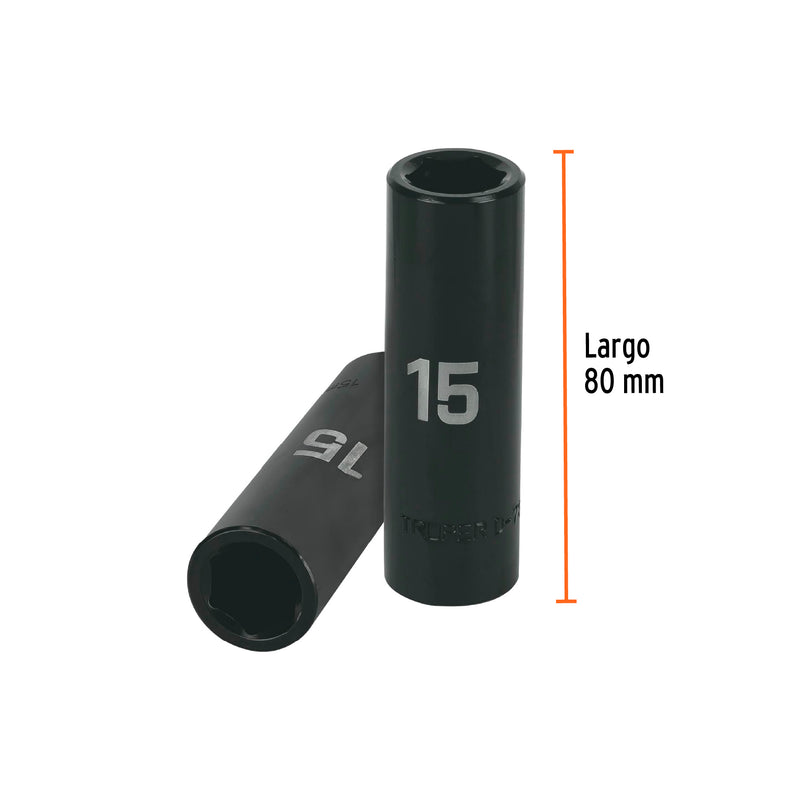 Dado de impacto, largo, 6 puntas, cuadro 1/2" de 15mm