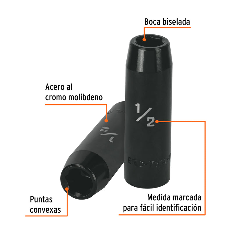 Dado de de impacto, largo, 6 puntas, cuadro 1/2" de 1/2"