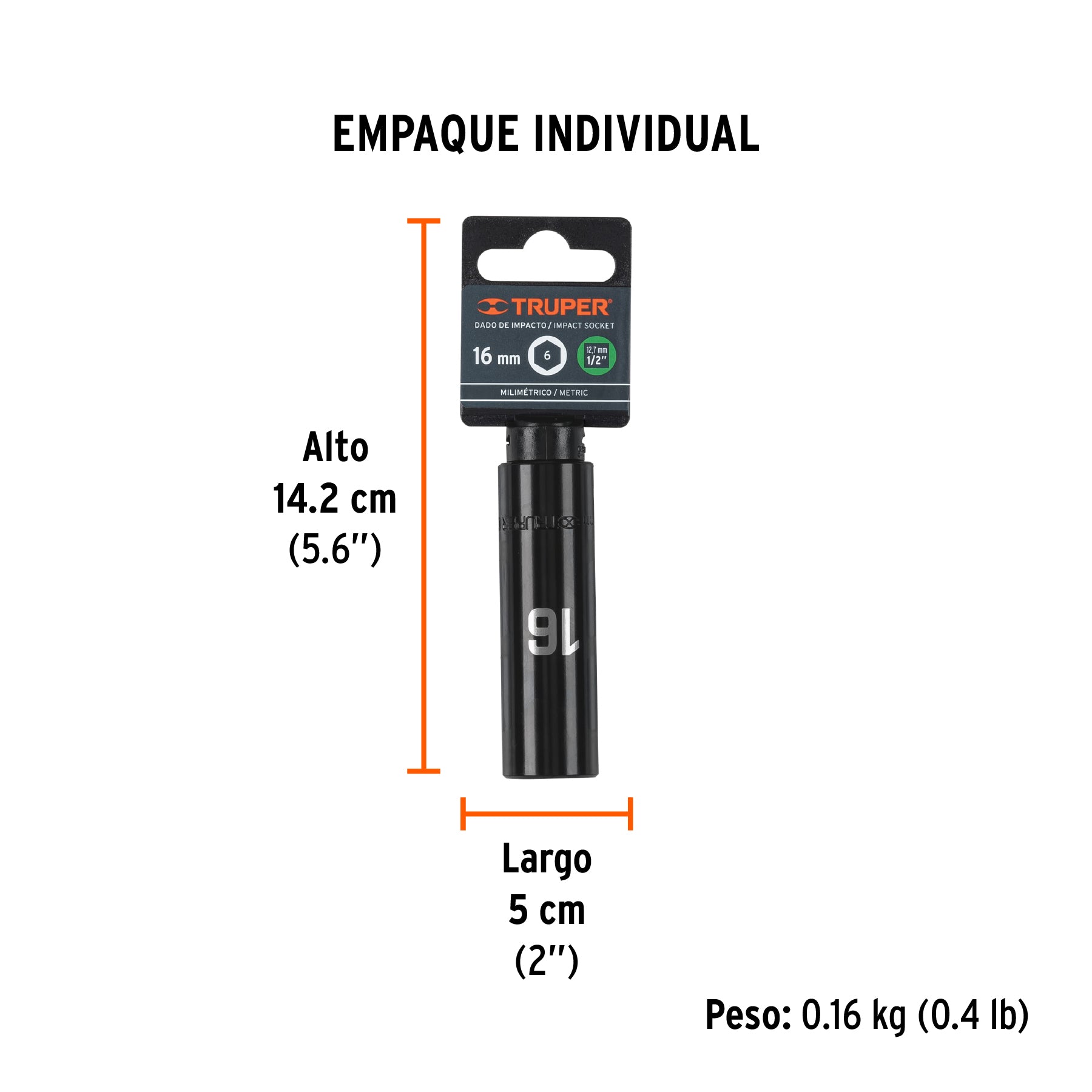 Dado de impacto, largo, 6 puntas, cuadro 1/2" de 16mm