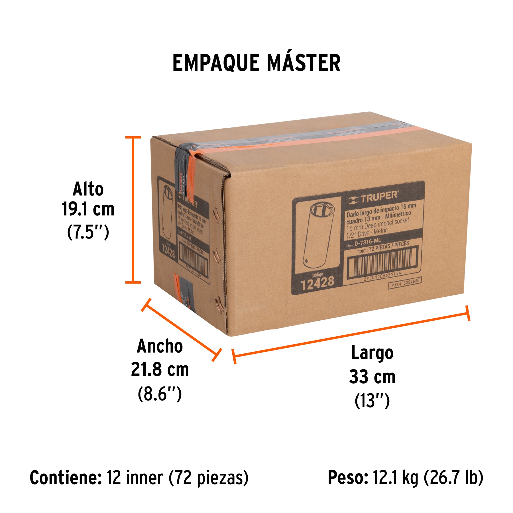 Dado de impacto, largo, 6 puntas, cuadro 1/2" de 16mm