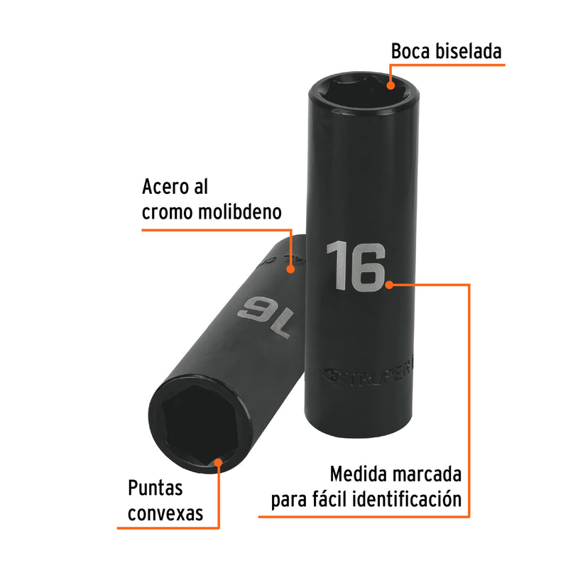 Dado de impacto, largo, 6 puntas, cuadro 1/2" de 16mm