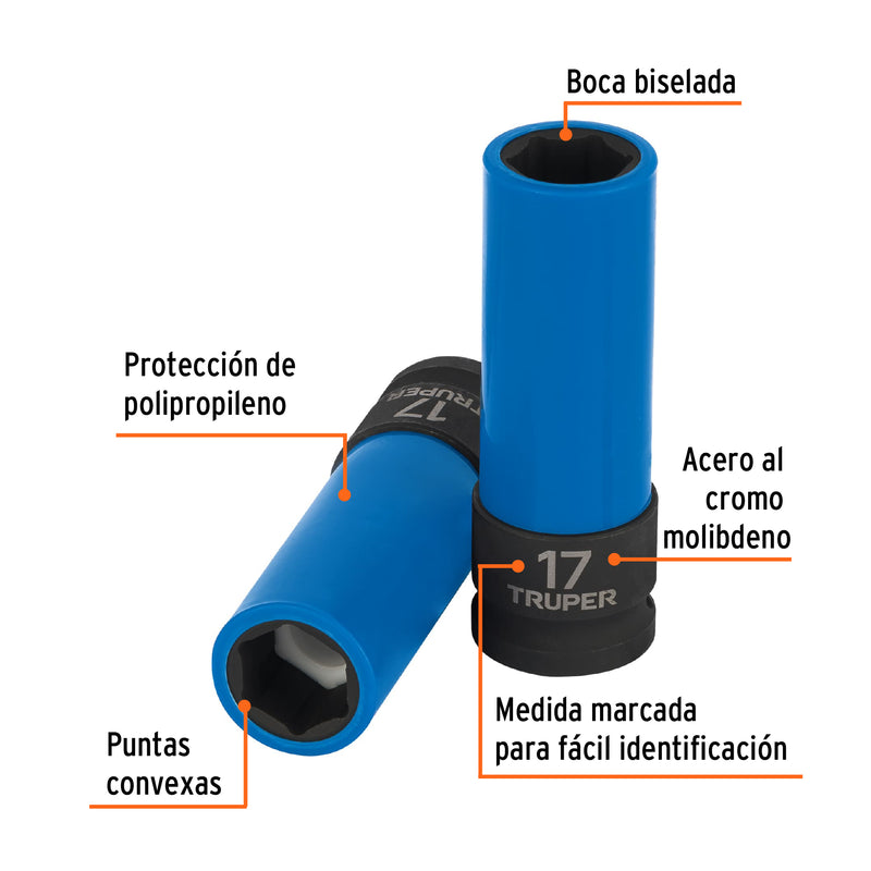 Dado largo impacto, 17mm, 6 p, protec plástica, cuadro 1/2'