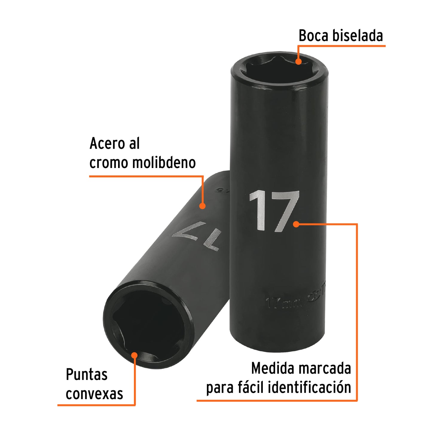 Dado de impacto, largo, 6 puntas, cuadro 1/2" de 17mm