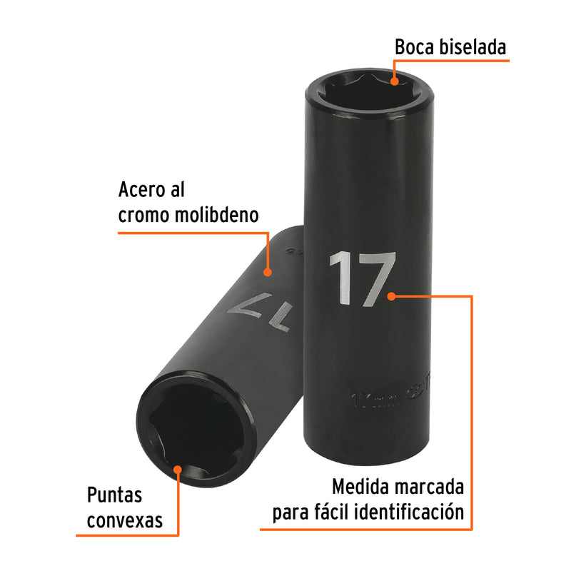 Dado de impacto, largo, 6 puntas, cuadro 1/2" de 17mm