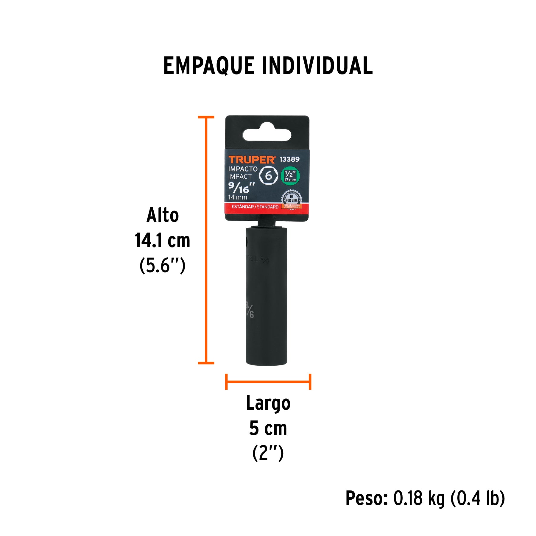 Dado de impacto, largo, 6 puntas, cuadro 1/2" de 9/16"