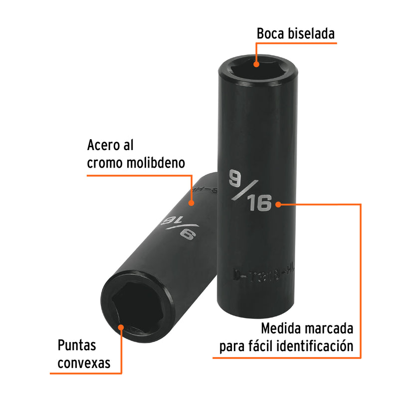Dado de impacto, largo, 6 puntas, cuadro 1/2" de 9/16"
