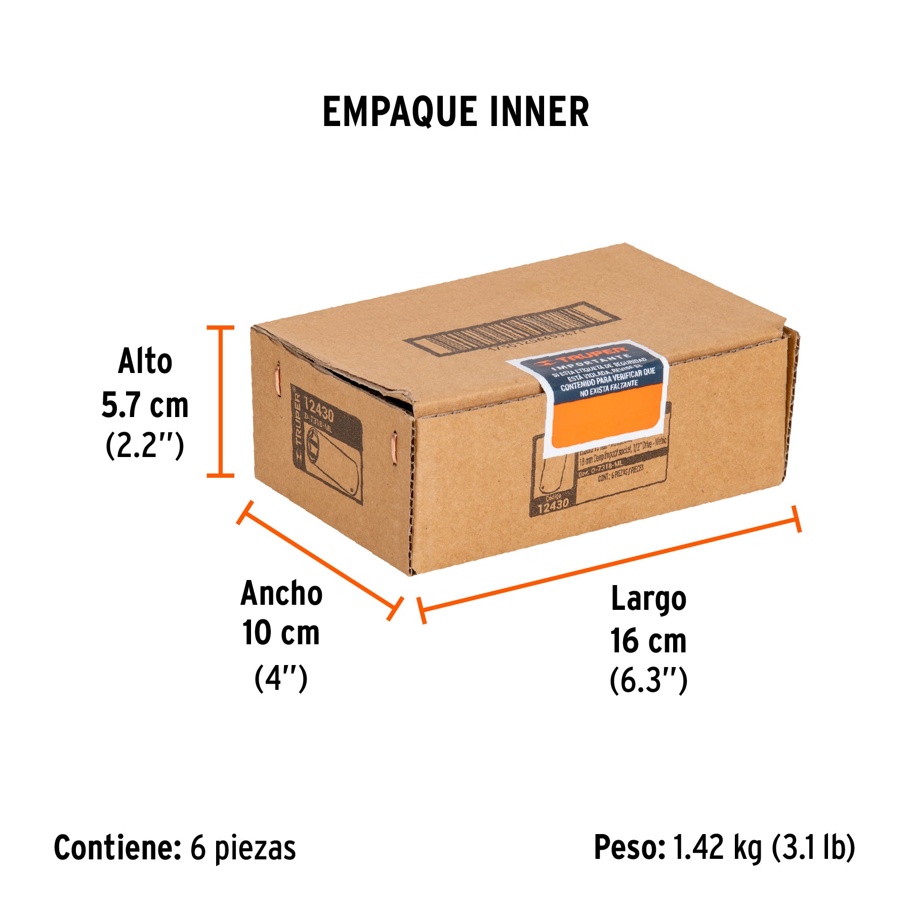 Dado de impacto, largo, 6 puntas, cuadro 1/2" de 18mm