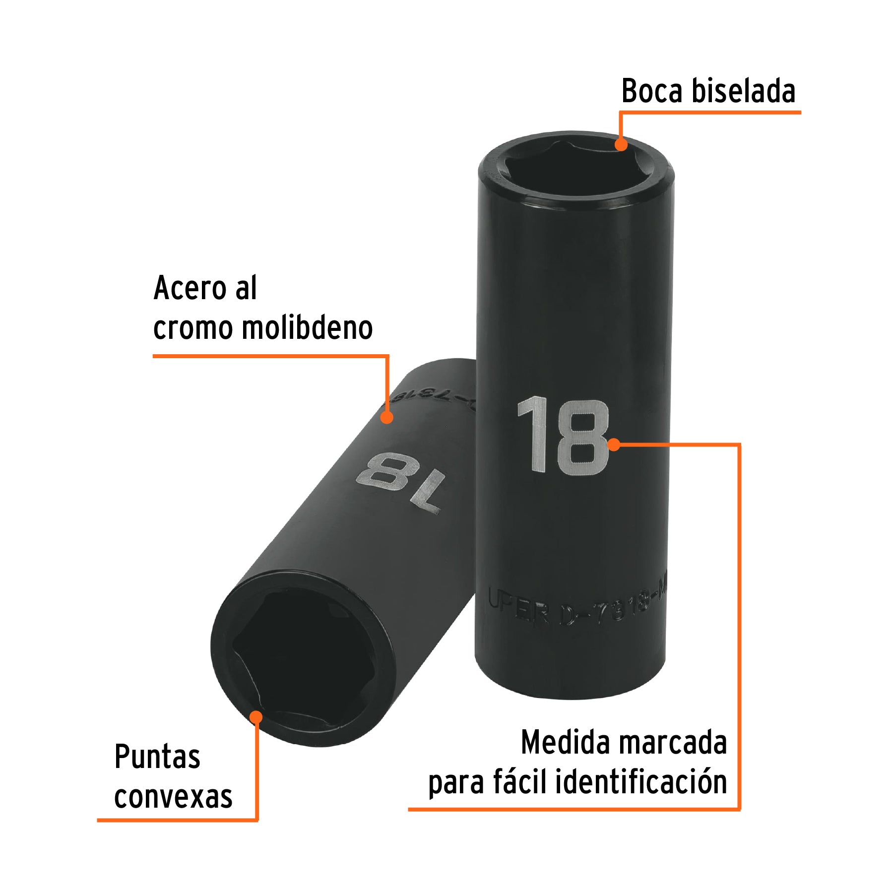 Dado de impacto, largo, 6 puntas, cuadro 1/2" de 18mm