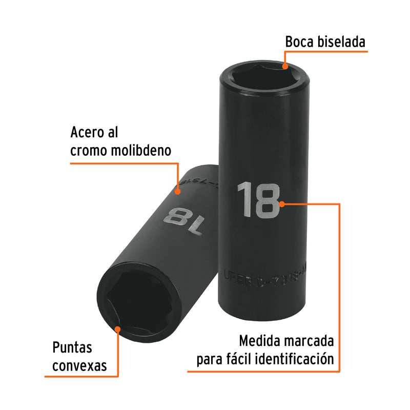 Dado de impacto, largo, 6 puntas, cuadro 1/2" de 18mm