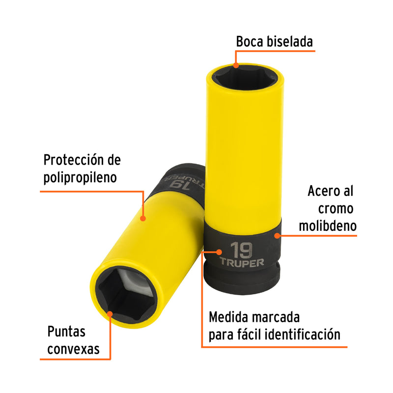 Dado largo impacto, 19mm, 6 p, protec plástica, cuadro 1/2'