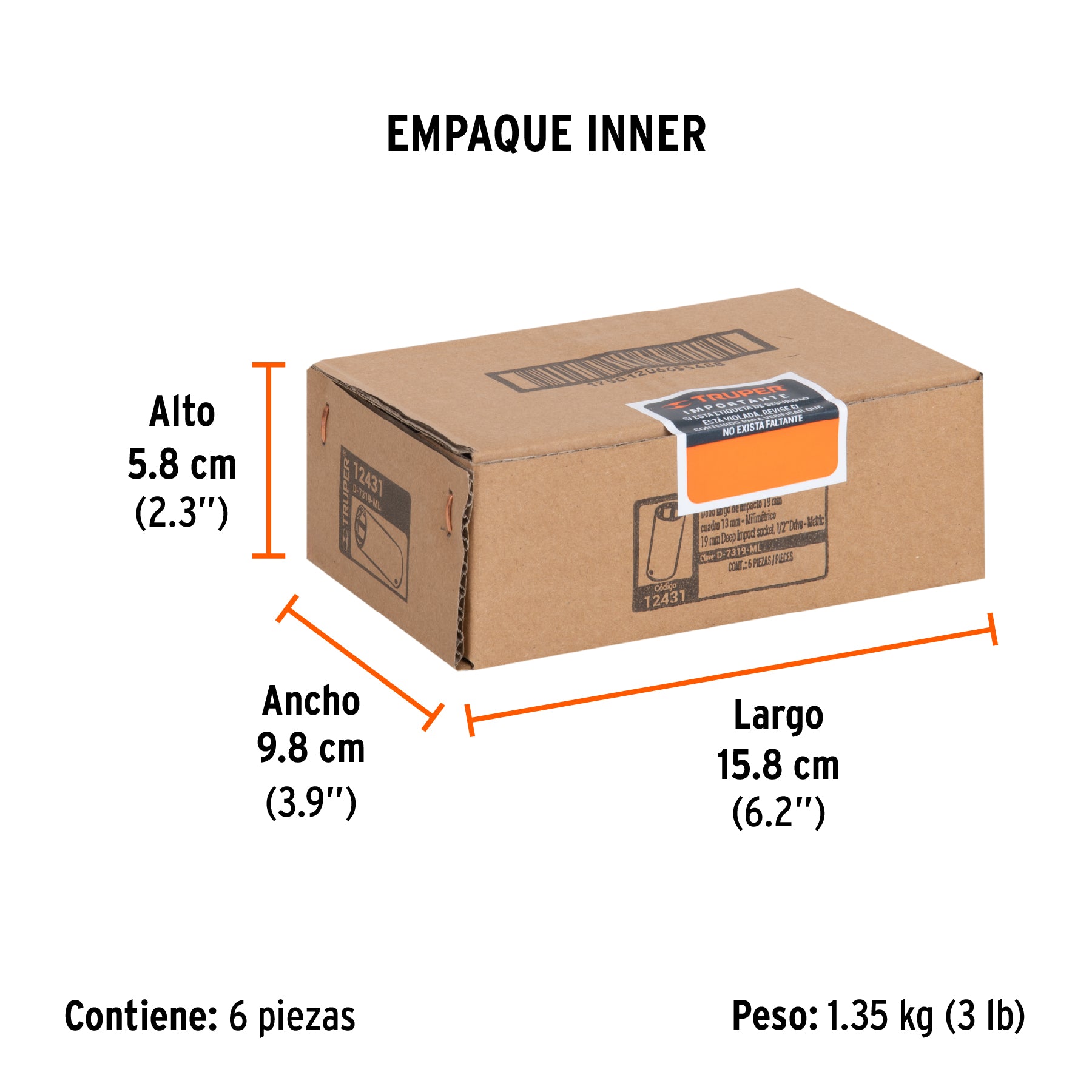 Dado de impacto, largo, 6 puntas, cuadro 1/2" de 19mm