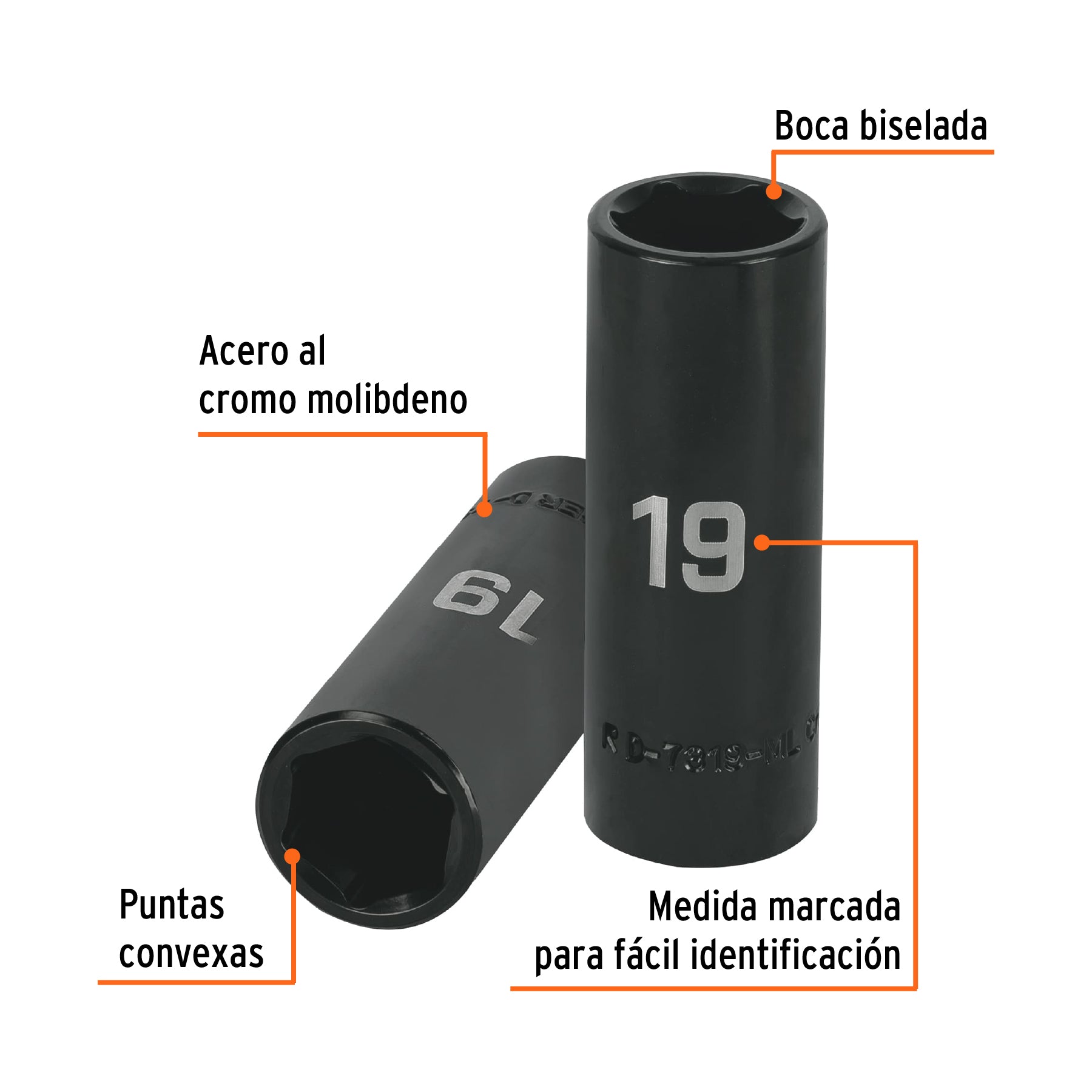 Dado de impacto, largo, 6 puntas, cuadro 1/2" de 19mm